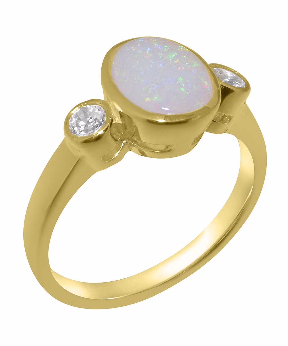 LBG British Made 9k Yellow Gold ring with Natural Opal & Diamond Womens Engagement Ring - 33 size options - Size 11