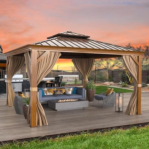 MELLCOM 12'x16' Hardtop Gazebo, Galvanized Steel Metal Double Roof Canopy with Curtains and Netting
