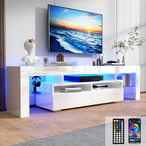 70in TV Stand for 75/80 inch TV,Modern LED TV Stand for Living Room,Black TV Stand,High Gloss TV Entertainment Center with Storage Drawer