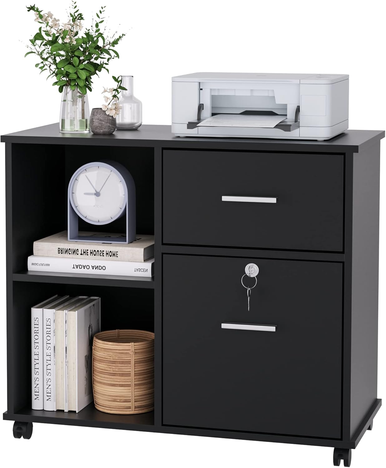 Lateral File Cabinet with Drawers and Lock, Wood Filing Cabinet, Rolling Printer Stand with Shelves for Home Office, Black