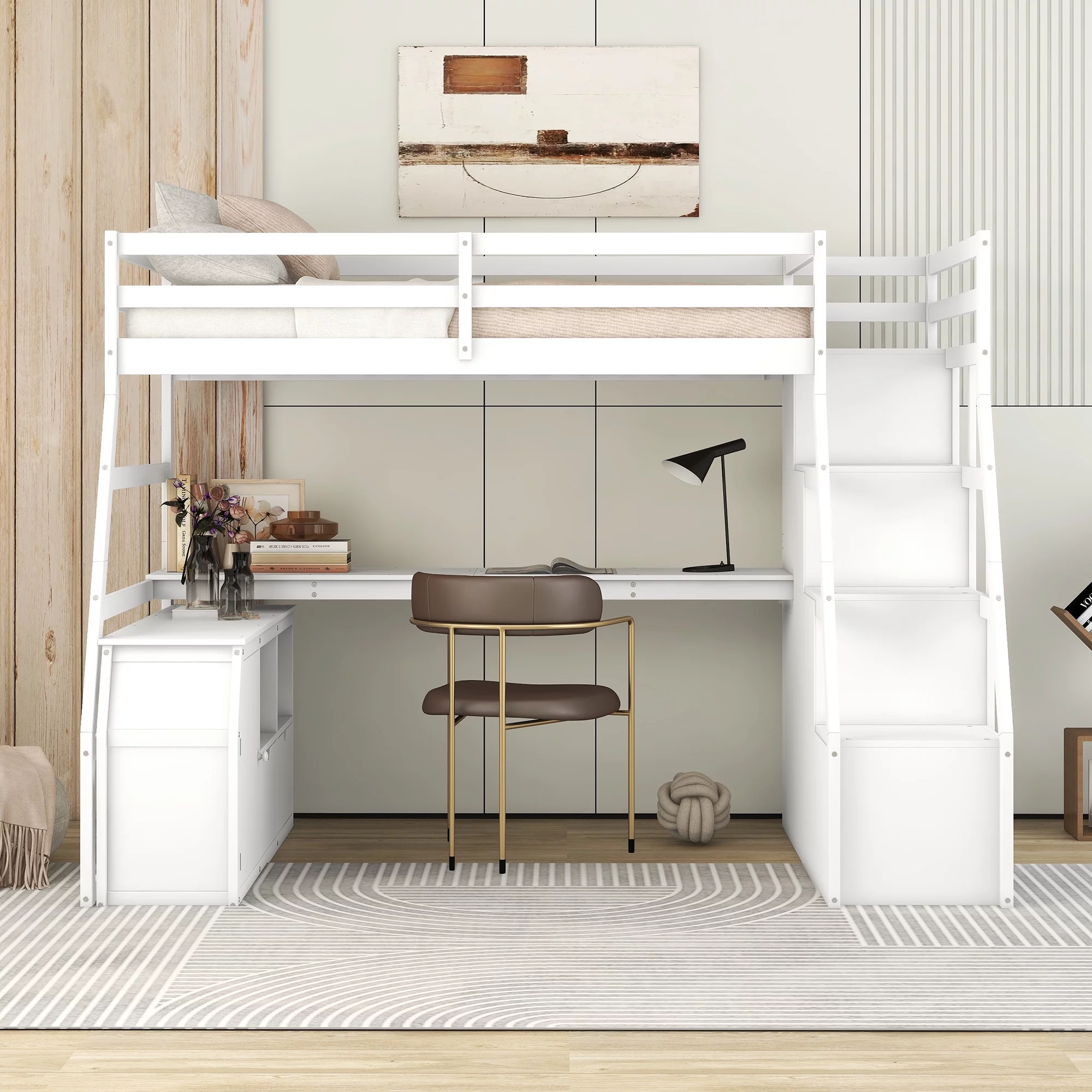 Twin Size Loft Bed Frame with 7 Drawers 2 Shelves and Desk, Health and Comfort Storage Shelves and Writing Desk, Wooden Loft Beds with Stairway