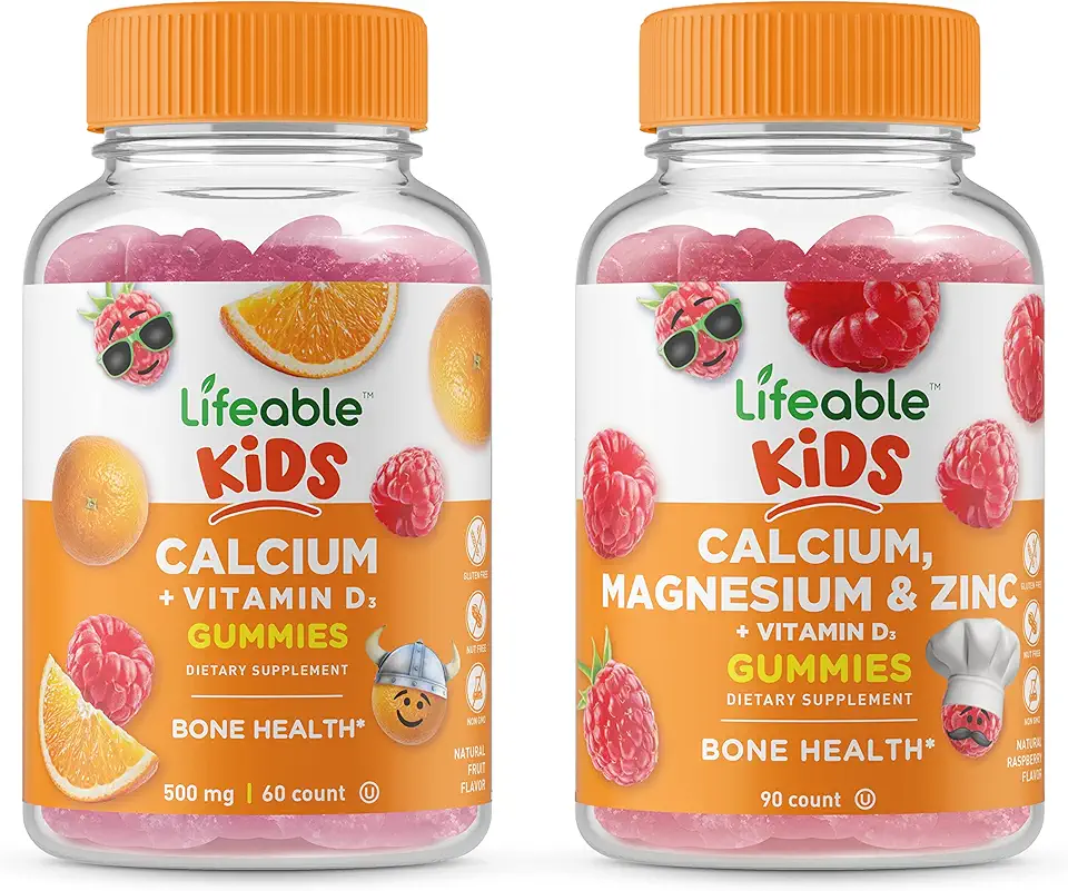 Lifeable Calcium with Vitamin D Kids + Calcium Magnesium & Zinc Kids, Gummies Bundle - Great Tasting, Vitamin Supplement, Gluten Free, GMO Free