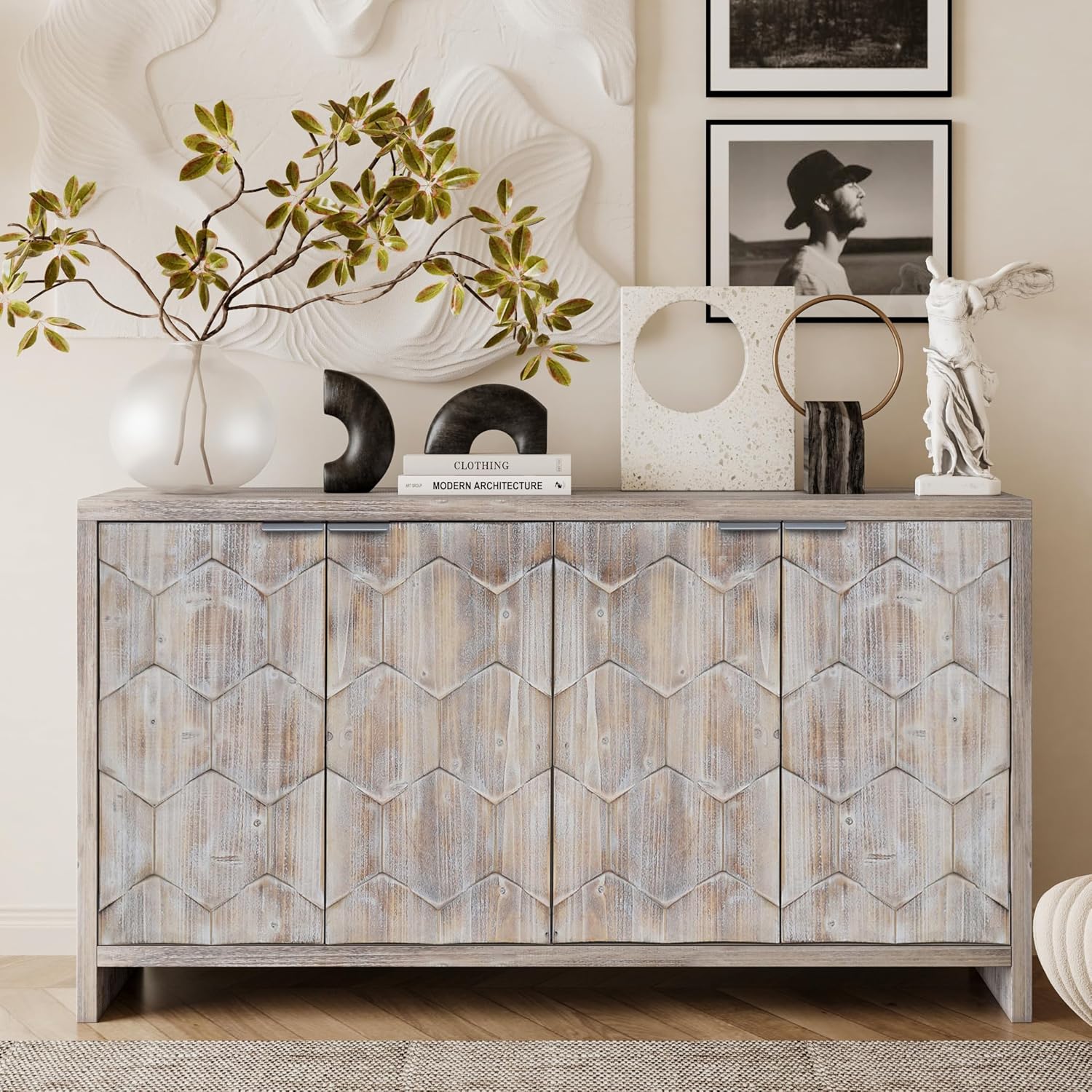 Accent Cabinet Farmhouse Style 4 Door Wooden Cabinet Sideboard Buffet Server Cabinet Storage Cabinet, for Living Room, Entryway, Hallway, Office