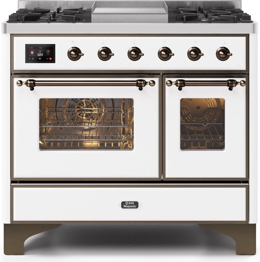ILVE Majestic II 40 Dual Fuel Natural Gas Range in White with Bronze Trim, UMD10FDNS3WHB