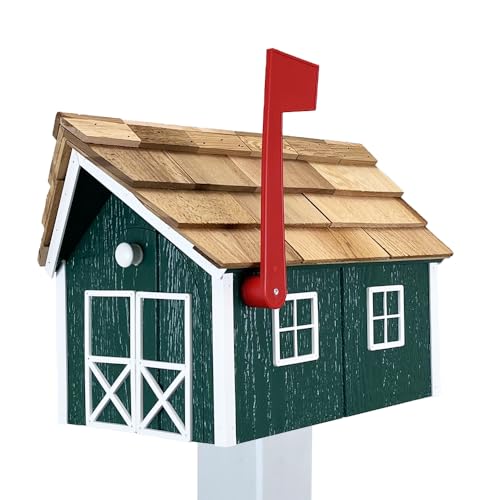 Peaceful Classics Amish Cedar Roof Wooden Mailbox with Window & Door Trim, Mailboxes for Outside, Handcrafted Outside Mailboxes