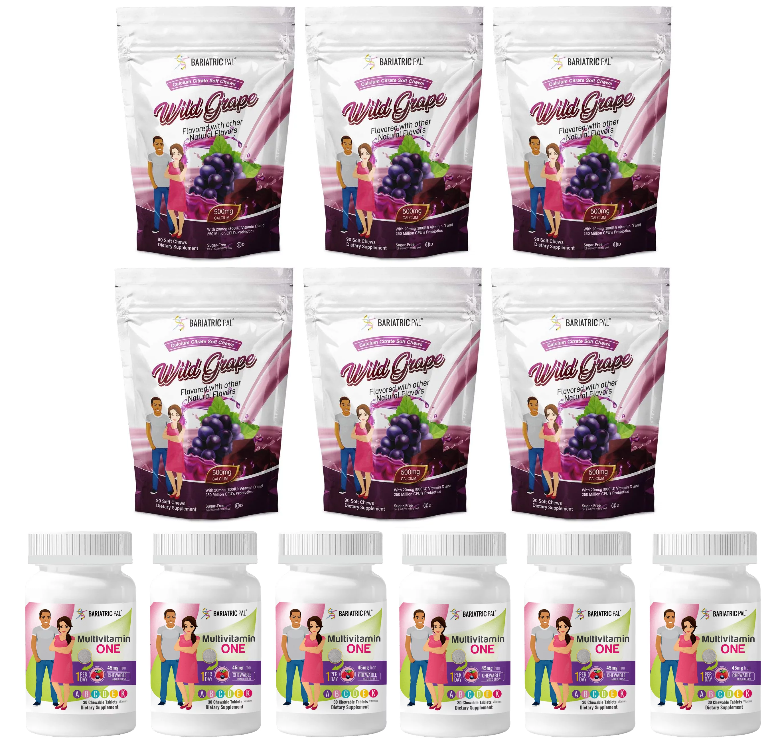 Gastric Sleeve Complete Vitamin Pack - Chewables Size: 6-Month Supply, BariatricPal Multivitamin ONE: Mixed Berry Chewable with 45mg Iron