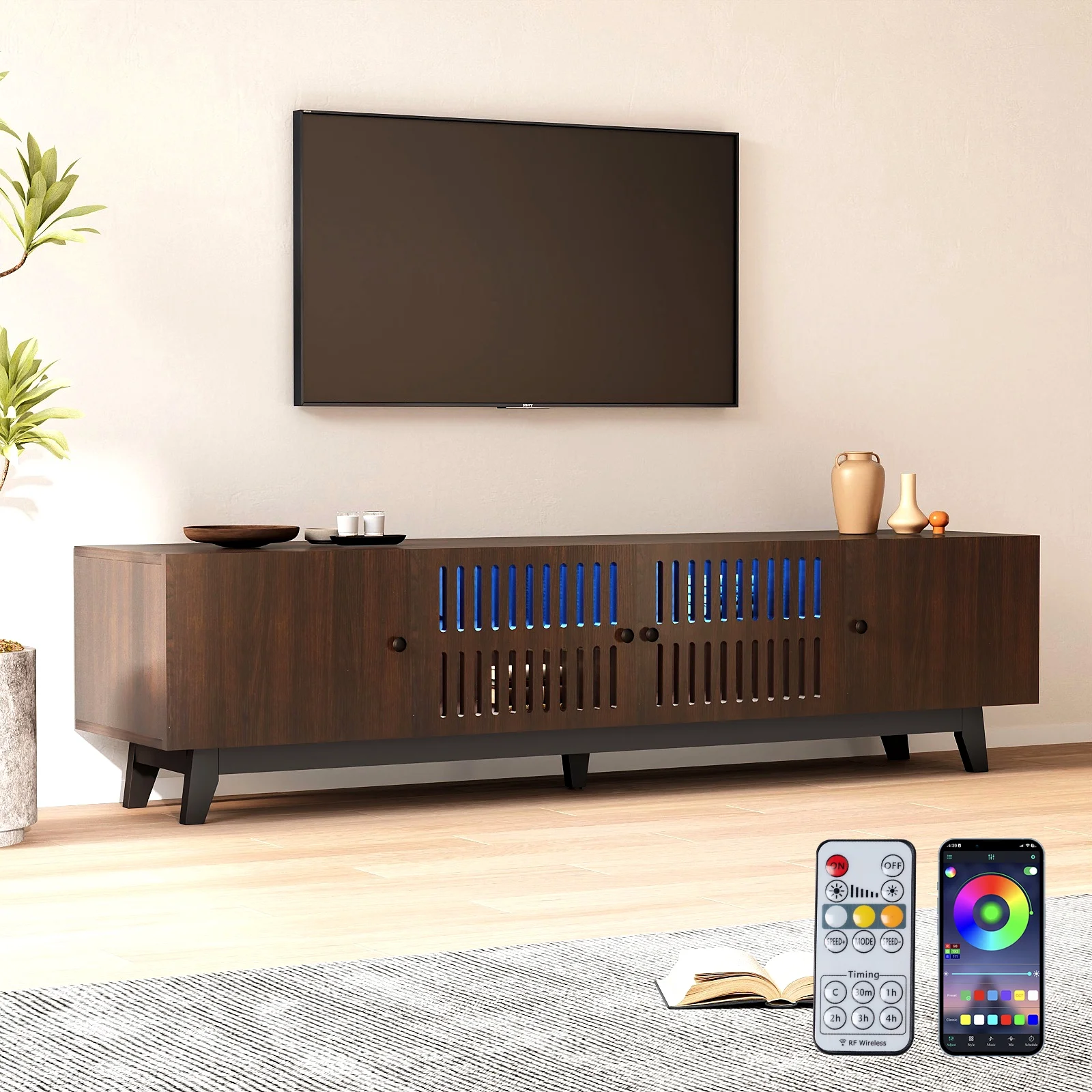 Modern TV Stand Cabinet for 85" TVs, LED TV Console Entertainment Center with Adjustable Shelves & Storage Doors, (Brown-74 in)