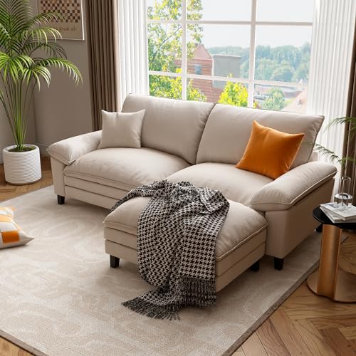 L Shape Cloud Couch with Ottoman, Deep Seat Sofa Furniture Modular Sectionals Sofa, Fluffy Sofa Couch for Living Room, Apartment, Office (Grey