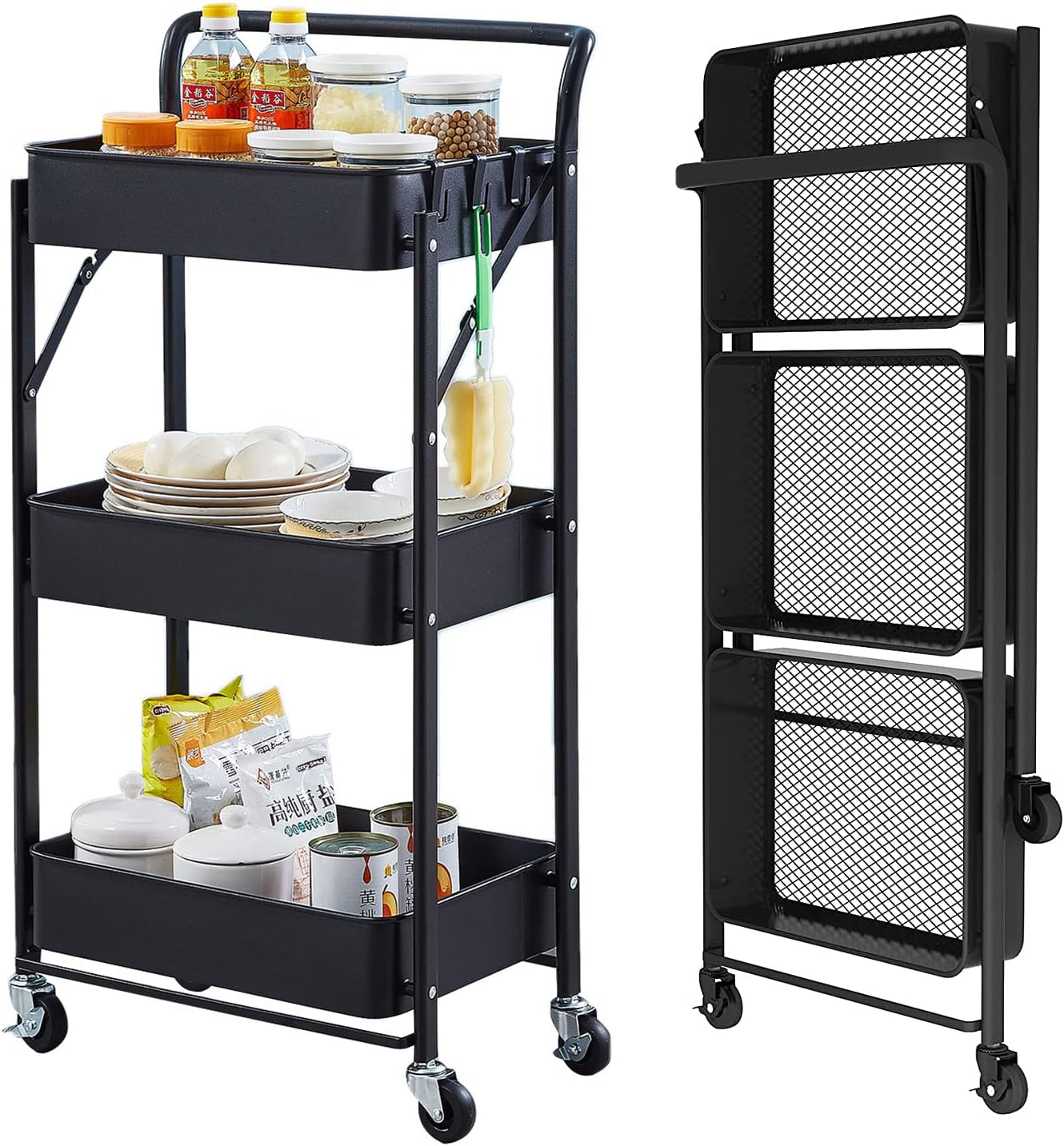 Foldable Utility Storage Cart Multifunctional Metal Storage Bin Heavy Duty Organizer Cart with Rolling Wheels Organization Cart for Home Office