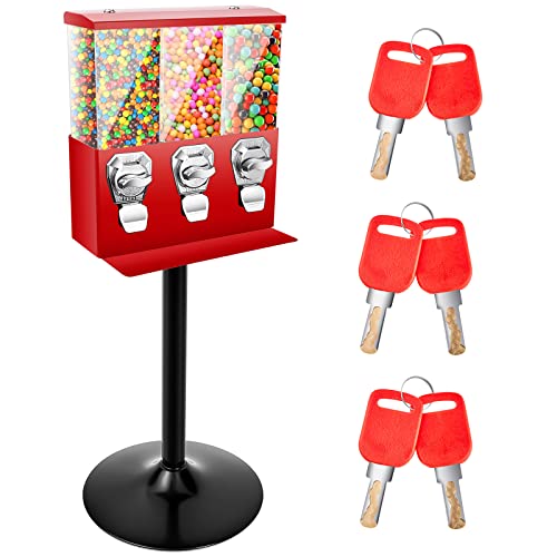 Treela Black Commercial Candy Vending Machine with Stand Triple Head Vending Machine Gumball Vending Machine with Removable Canisters 25 Cent Coin
