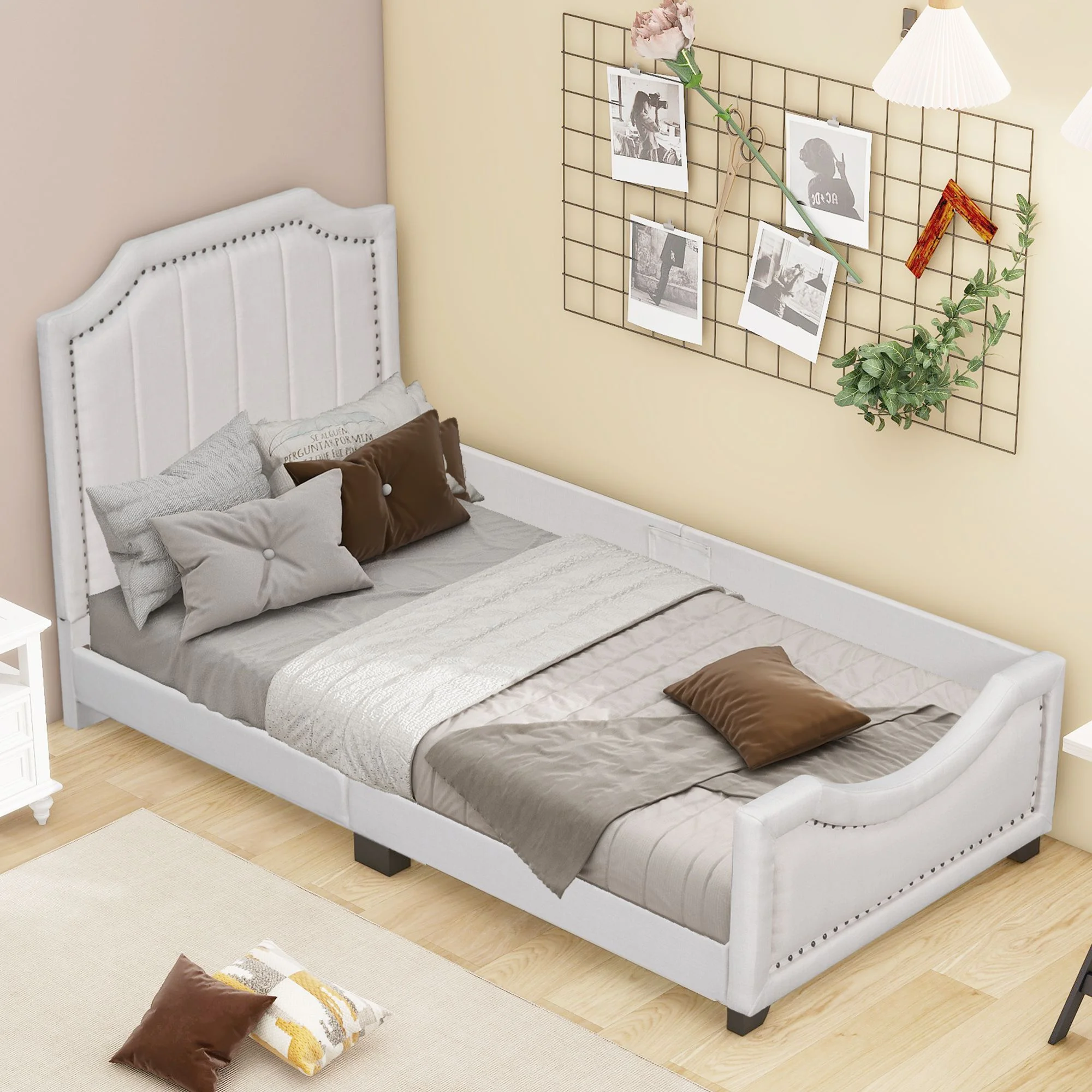 Twin Storage Upholstered Platform Bed Mattress Foundation with Nailhead Trim Decoration and Guardrail