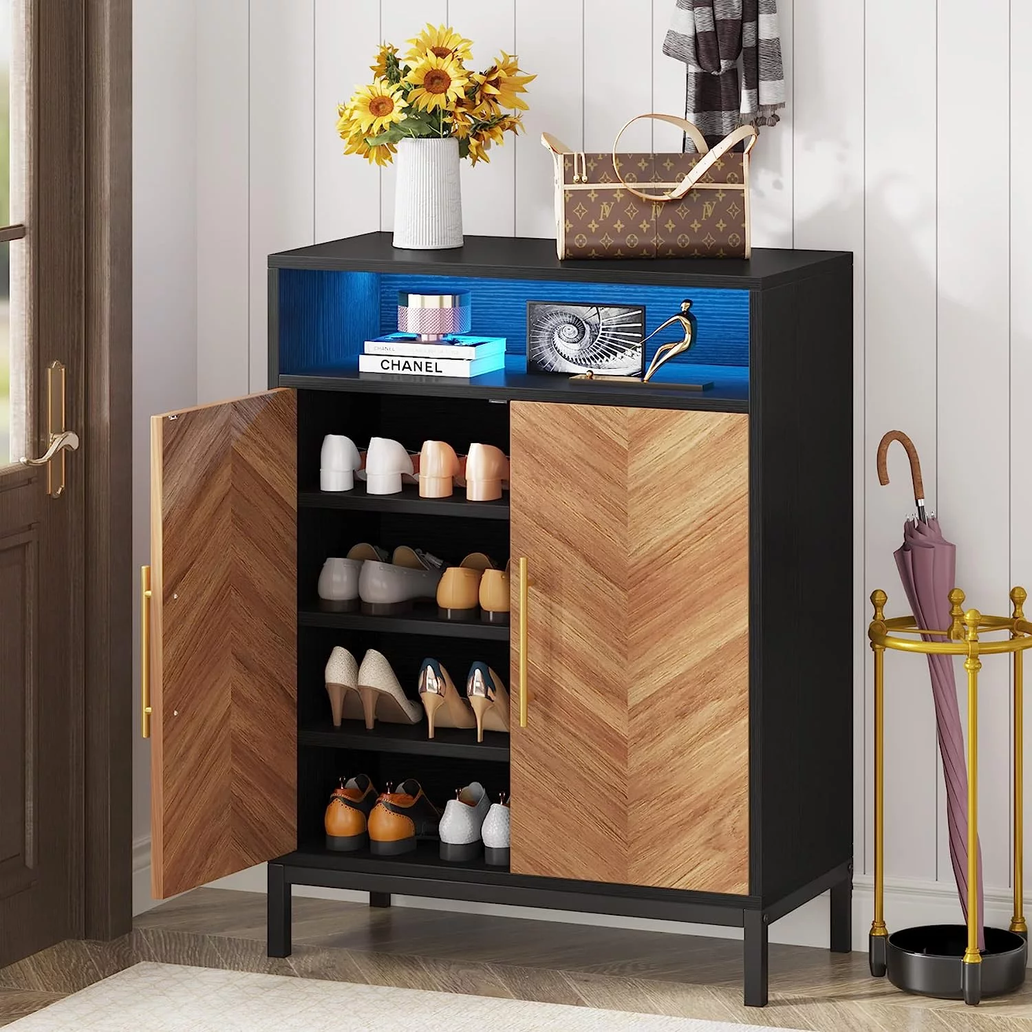 Tribesigns Shoe Cabinet with Doors and Shelves, 16 Pairs Entryway Shoe Storage Cabinet with Led Light