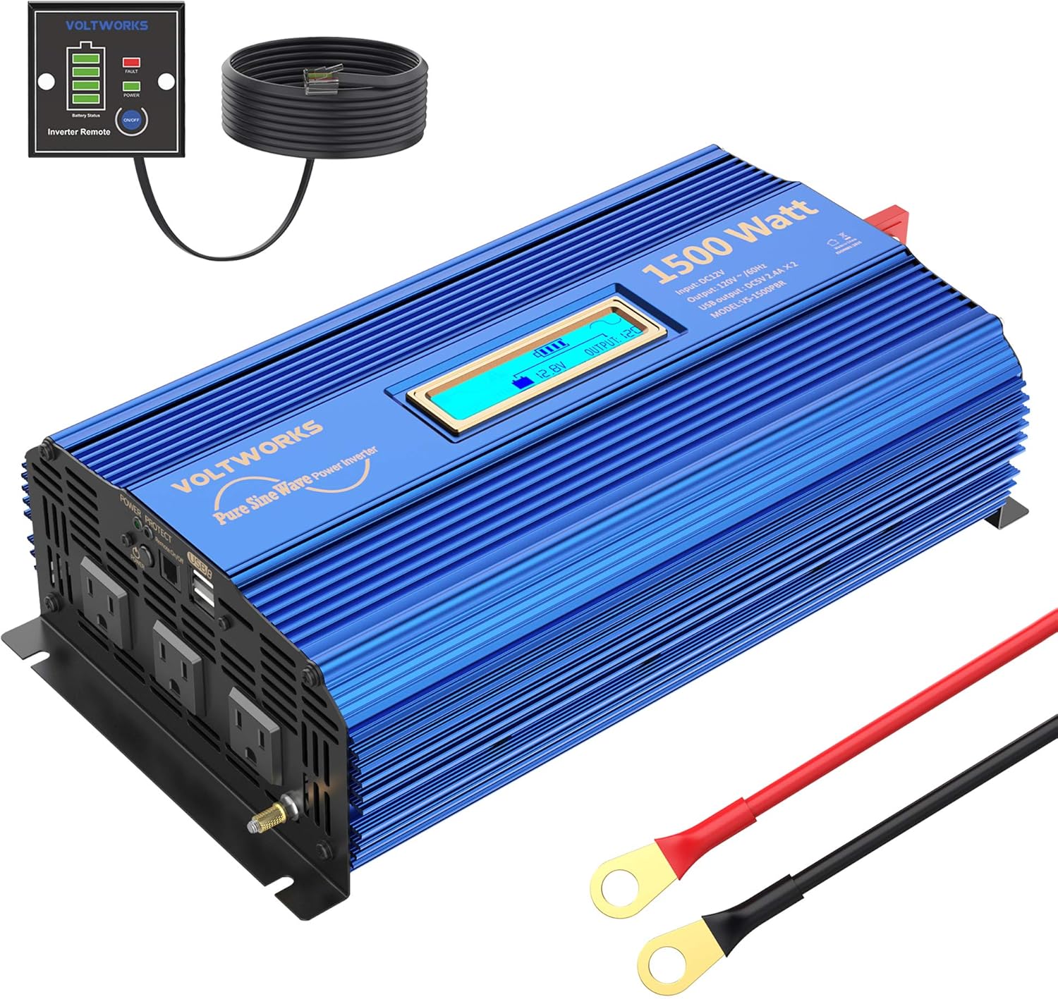 1500W Pure Sine Wave Power Inverter DC 12v to AC 110V-120V with Remote Control LCD Display and 2x2.4A Dual USB Ports 3 AC Outlets for Home RV Truck