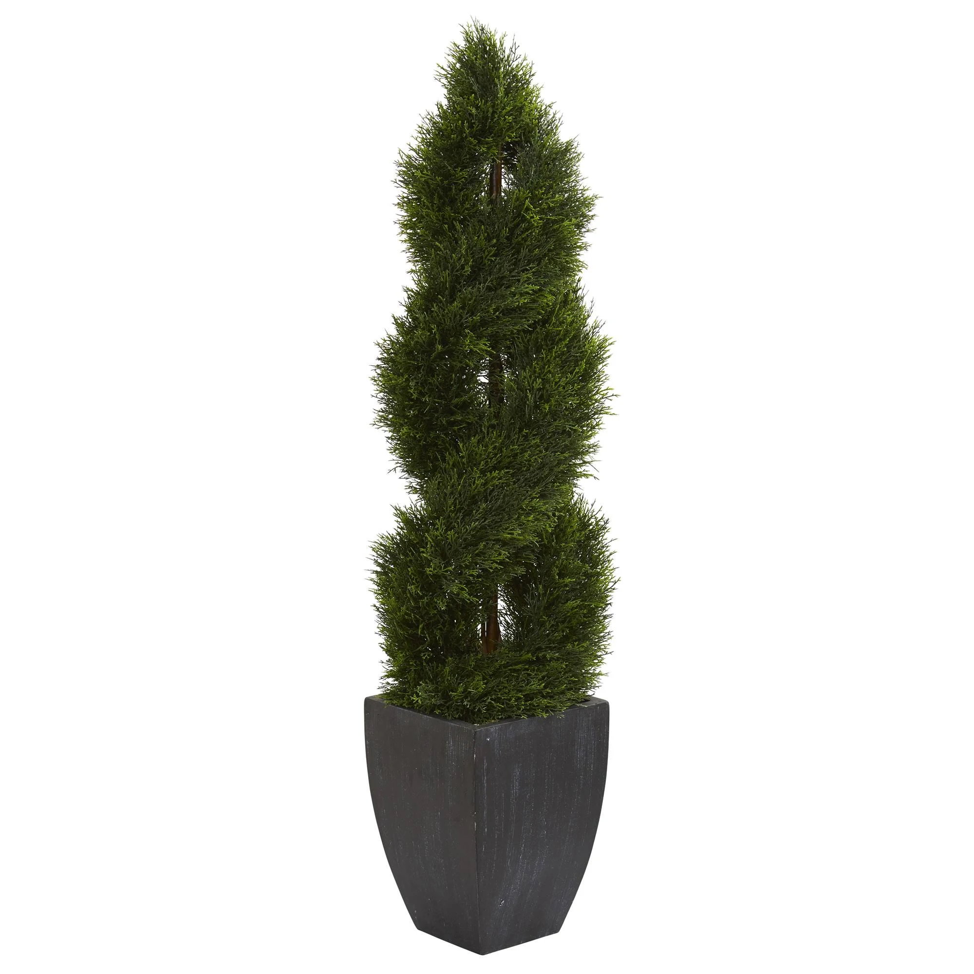 5& Double Pond Cypress Spiral Topiary Artificial Tree in Black Wash Planter UV Resistant (Indoor/Outdoor) - Nearly Natural