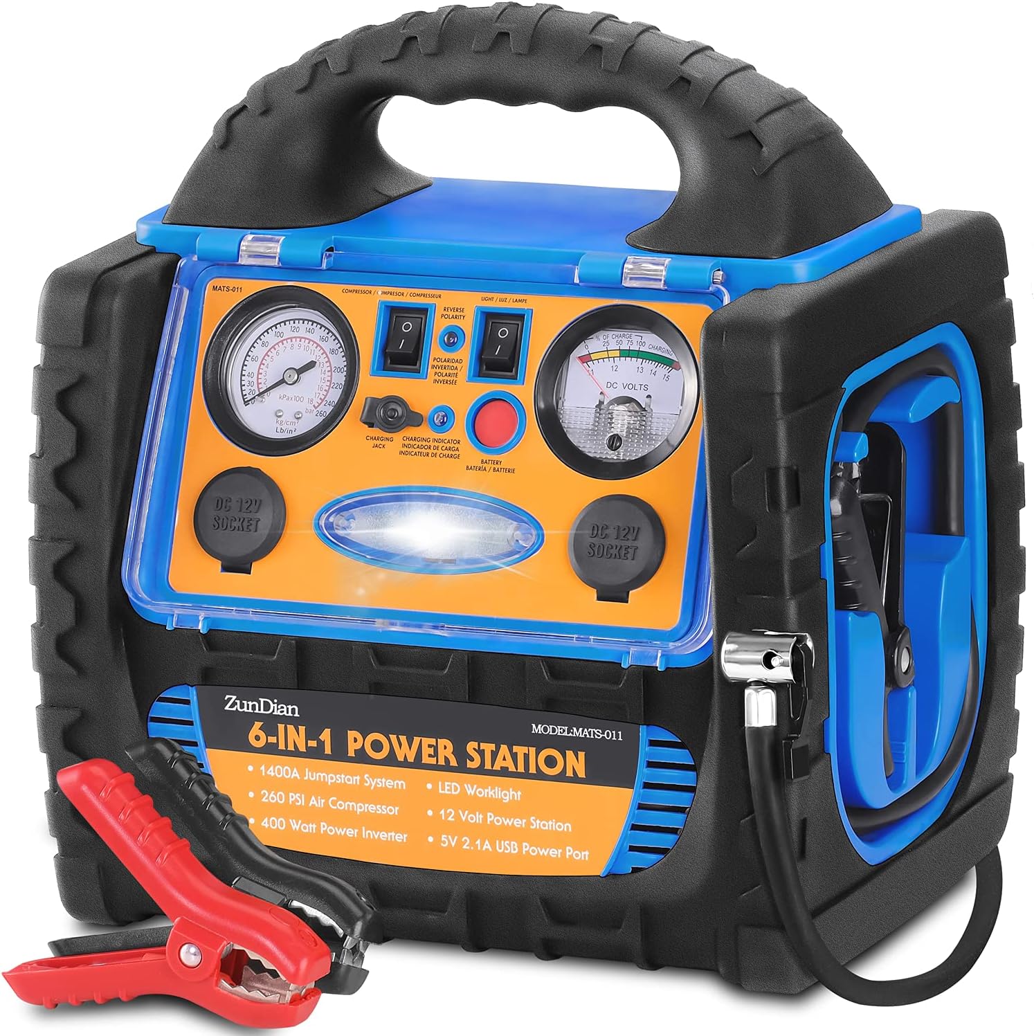 ZunDian Power Station 1400 Amp Battery Jump Starter with Air Compressor Car Tire Inflator, 110V 400W Power Inverter USB DC AC Outlet