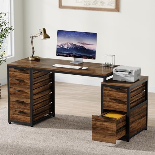 Tribesigns Computer Desk with 8 Drawers, 63" Office Desk with Reversible File Cabinet and Storage Drawers