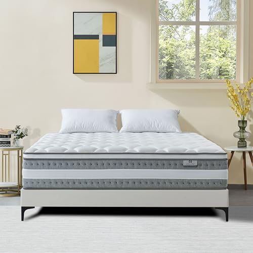 Queen Mattress, 14 Inch Hybrid Mattresses in a Box, Individually Wrapped Pocket Coils for Isolate Motion, Gel Memory Foam, Medium Firm Support