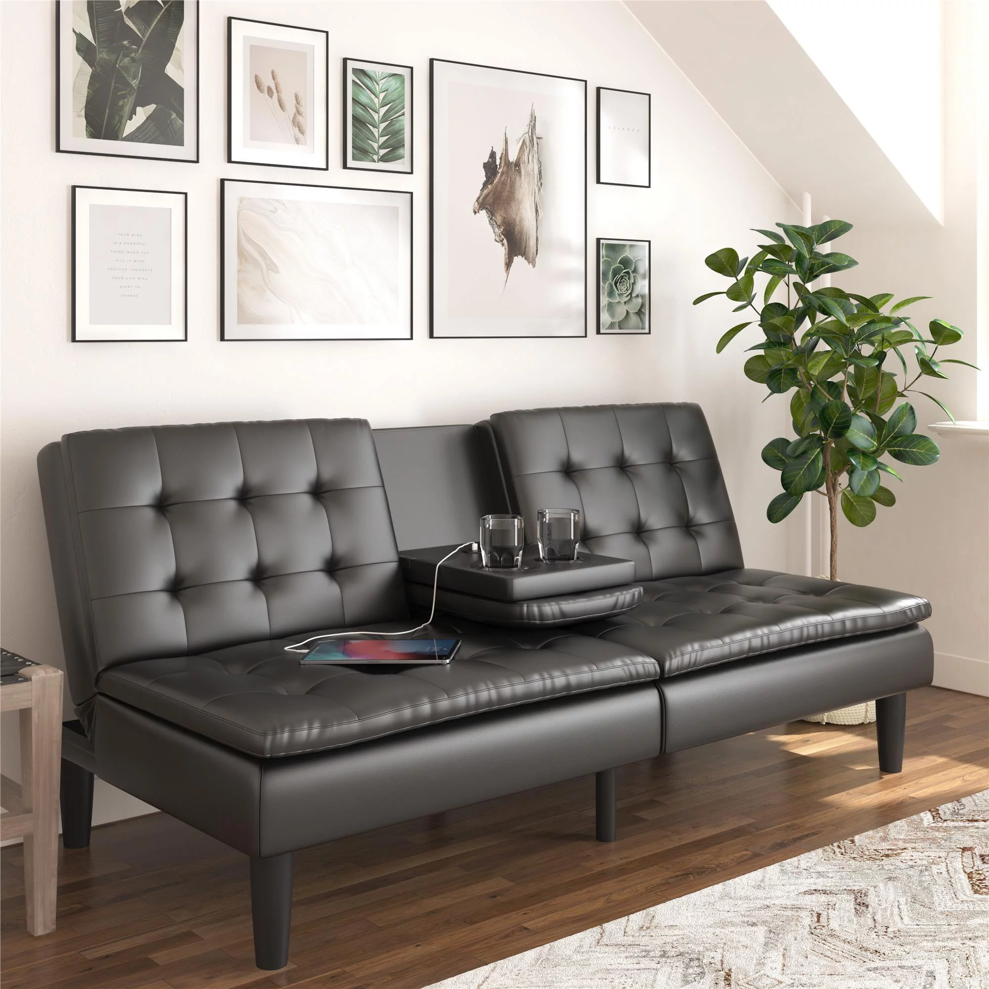Mainstays Memory Foam Futon with Cupholder and USB, Black Faux Leather - Radiant Selections