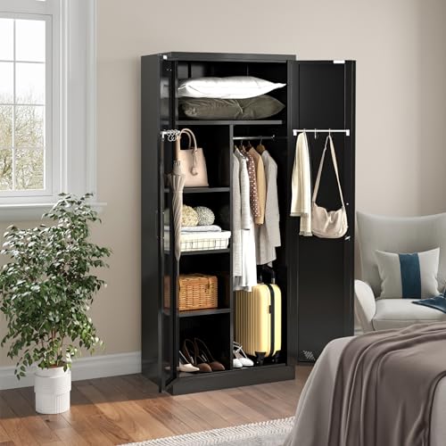 71" Armoire Wardrobe Closet with 2 Doors & 2 Drawers, Metal Storage Cabinet with Drawers and Hanging Rod, Metal Closet Organizers for Home, Office