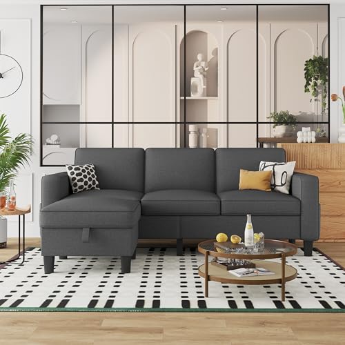 Convertible Sectional Sofa Couch, Beige 3 Seat L-Shaped Sectional Sofa with Storage Ottoman and Pockets