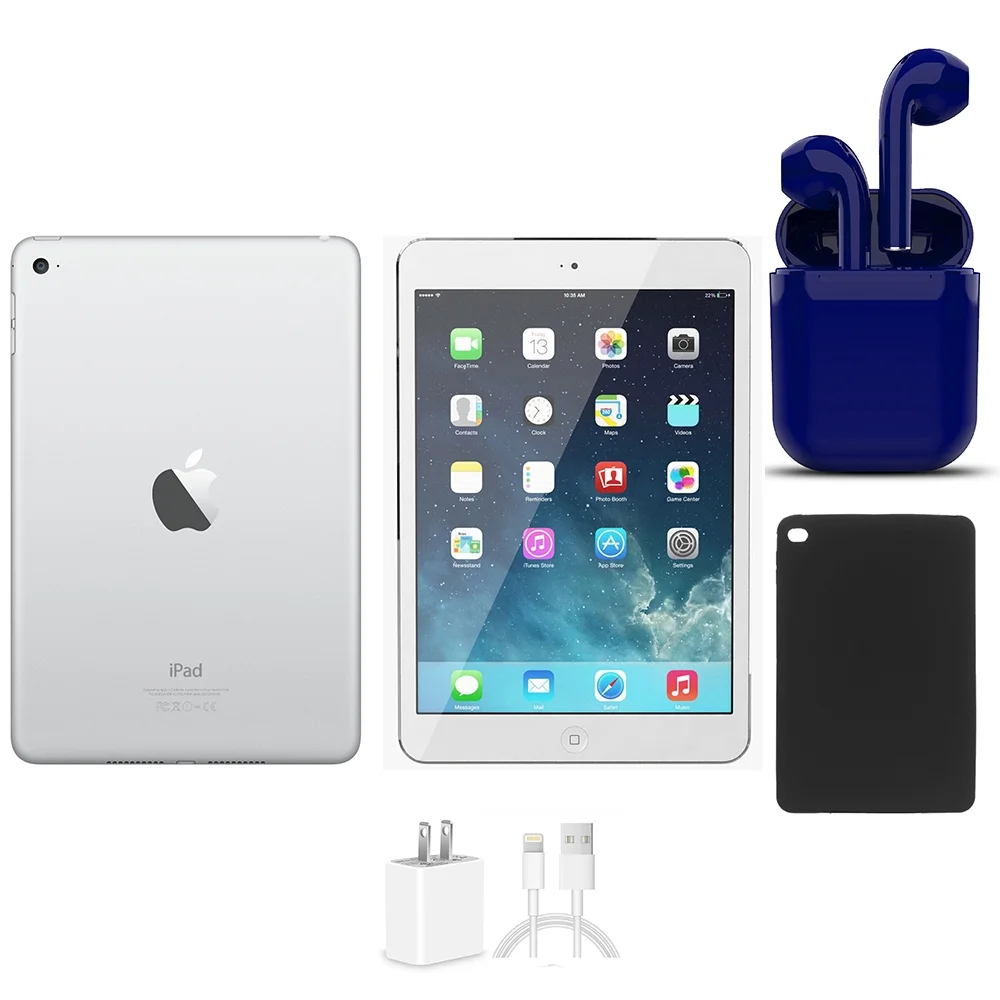 Restored Apple iPad Mini 16GB White Wi-Fi Only Bundle: USA Essentials Bluetooth/Wireless Airbuds, Case