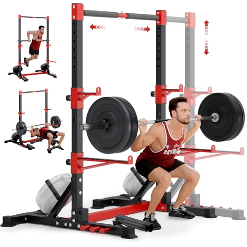 YOLEO Squat Rack with Adjustable Pull-Up Bar & Extended Safety Arms, Multi-Functional Power Racks Squat Stand for Home Gym, Garage & Basement