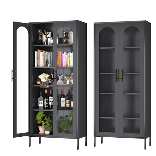 Metal Storage Cabinet, 71" Tall Black Display Curio Glass Storage Cabinet with Glass Doors and 4 Shelves, Storage Cabinet for Kitchen Pantry