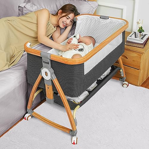 Bedside Bassinet for Baby,Baby Bassinet Bedside Sleeper,Bassinet Bedside Sleeper with Wheels,Storage Basket,Mosquito Nets