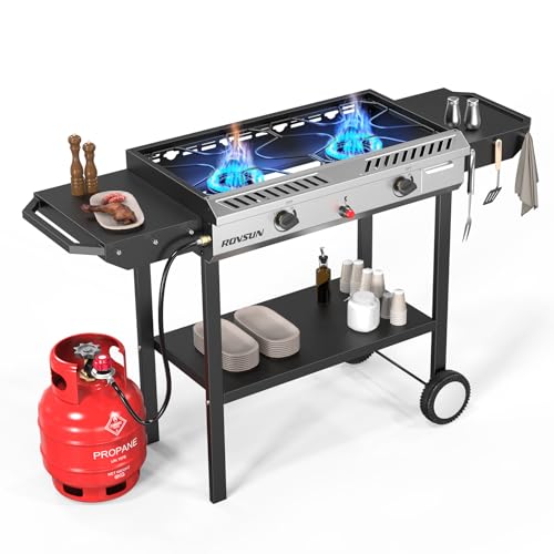 ROVSUN 2 Burner Outdoor Propane Gas Stove with Auto-ignition, Regulator & Shelf, 150