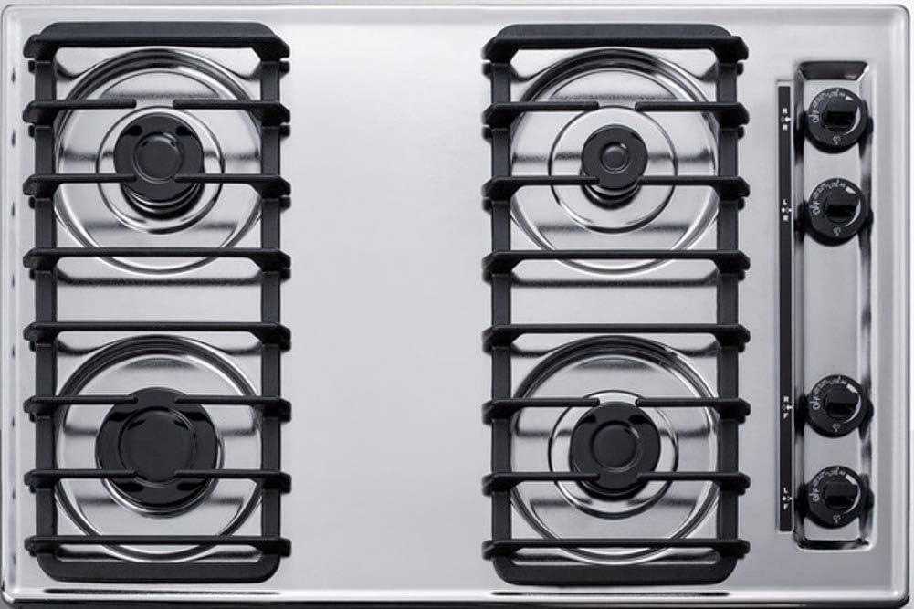 Summit Appliance ZTL053S 30" Wide 4-Burner Gas Cooktop in Brushed Chrome with Cast Iron Grates, Push-to-turn Knobs, Removable Burner Caps