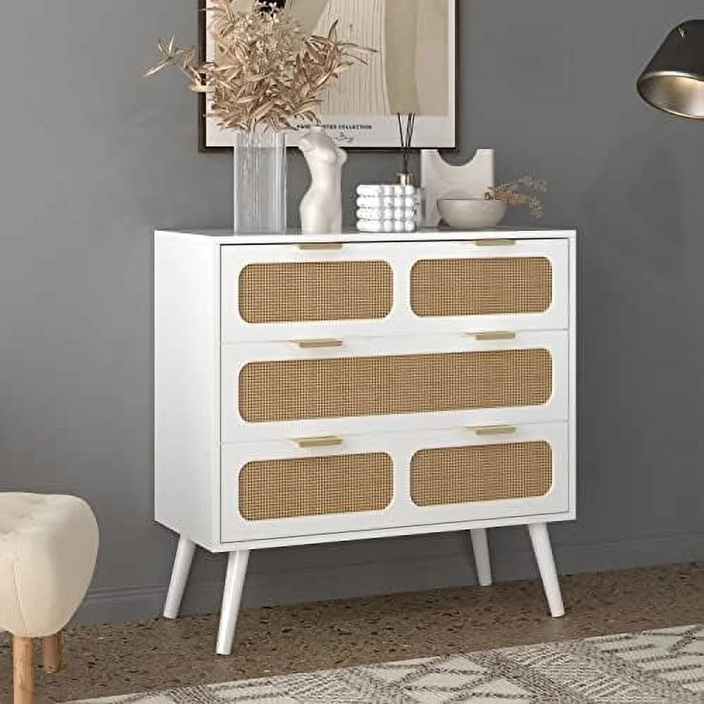 TJUNBOLIFE 3 Drawer Dresser  Modern Rattan Dresser Chest with Wide Drawers and Metal Handles  Farmhouse Wood  Chest of Drawers for Bedroom  Living