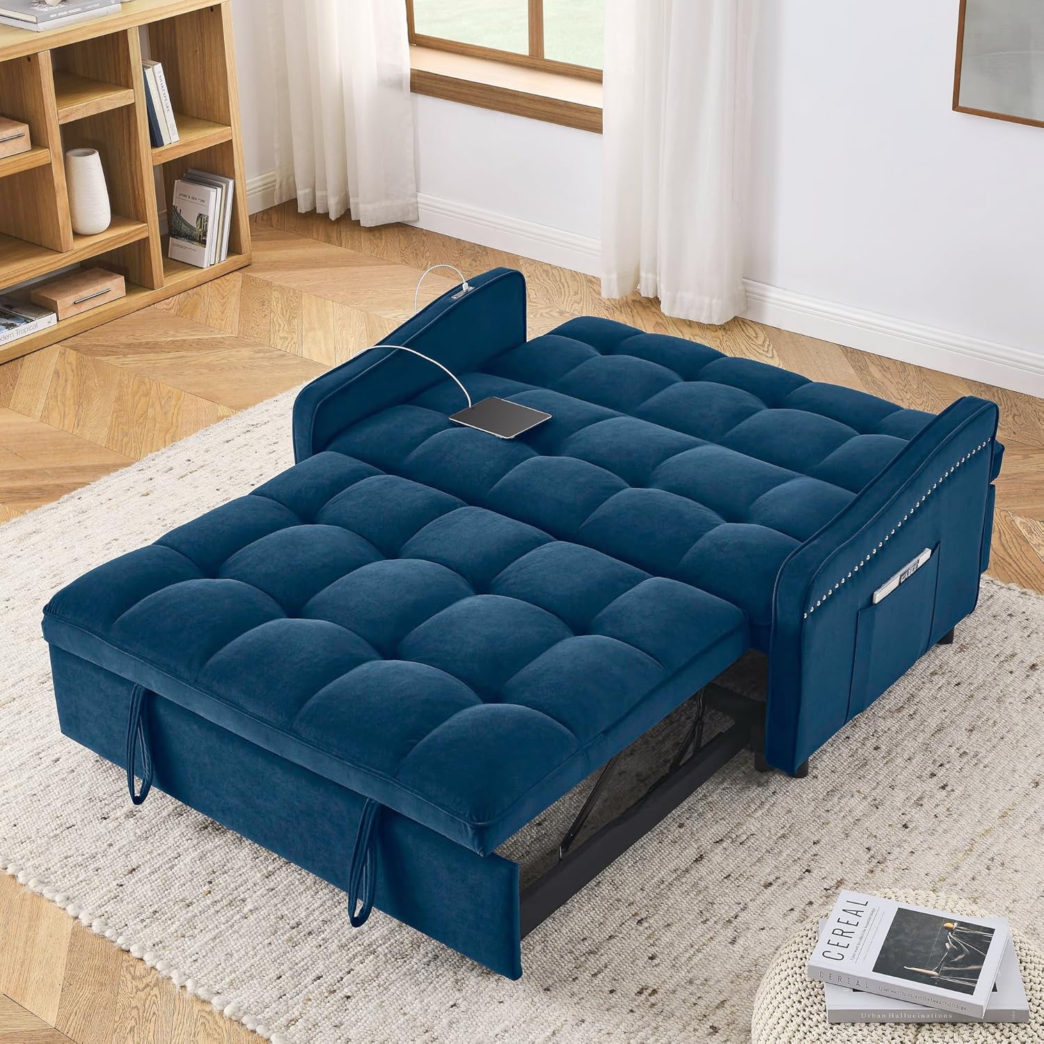 3 in 1 Convertible Sleeper Sofa Couch with Pull Out Bed,Small Futon Loveseat Lounge Chaise with Reclining Backrest and Armrest