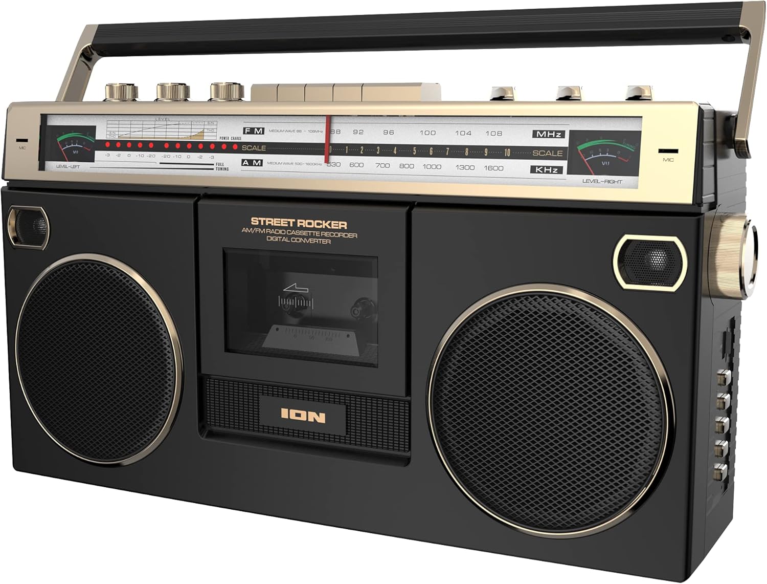 Ion Audio 1980S-Style Portable Bluetooth Boombox AM/FM Radio Cassette Player Recorder, VU Meters, USB Recording
