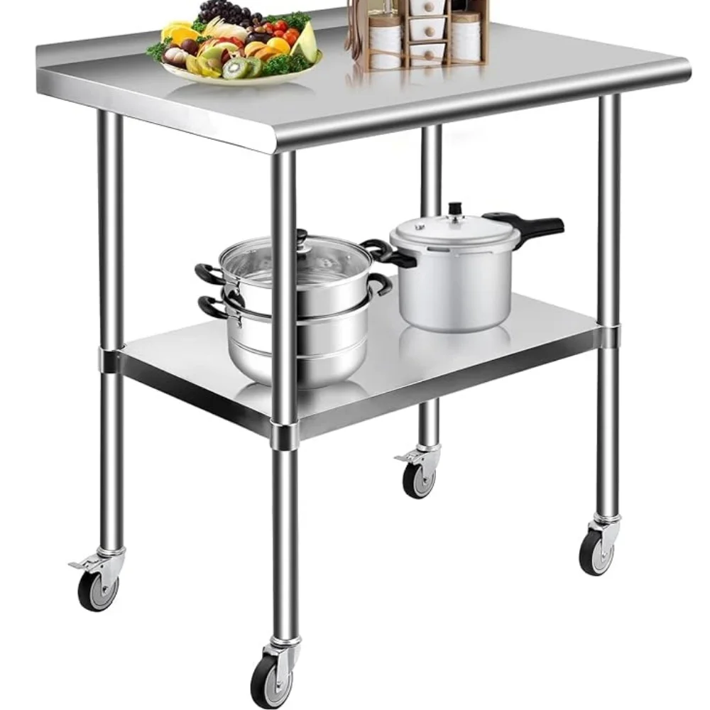 Uyoyous 36" x 24" NSF Stainless Steel Work Table with Backsplash, Commercial Kitchen Prep Table with 4 Casters