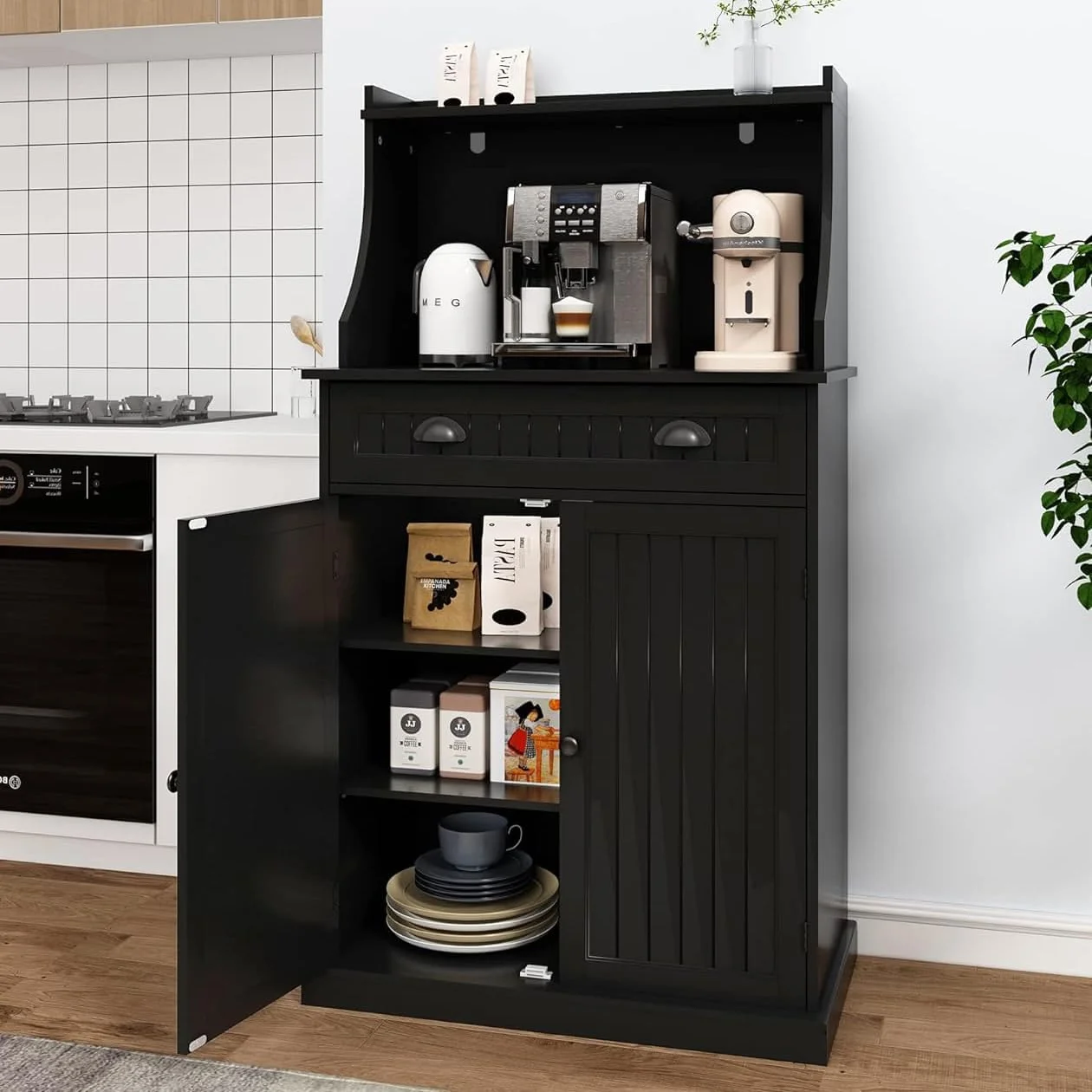 54" Freestanding Kitchen Pantry Storage Cabinet with Doors and Adjustable Shelves, Microwave Oven Cabinet with Drawer for Kitchen