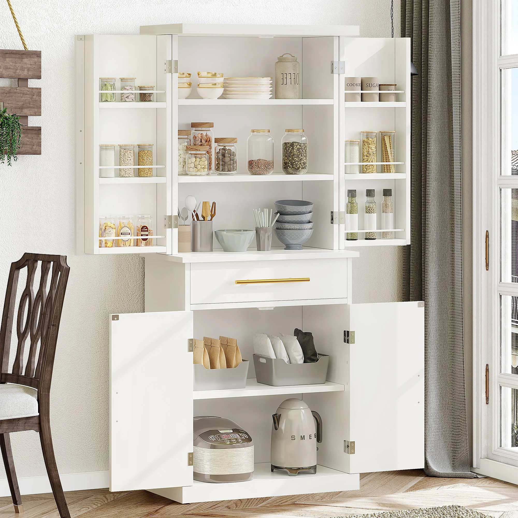 Dextrus 72.4"H Kitchen Pantry Storage Cabinet, 4 Doors Freestanding Food Pantry Storage Cabinet with Drawer and Adjustable Shelf for Kitchen