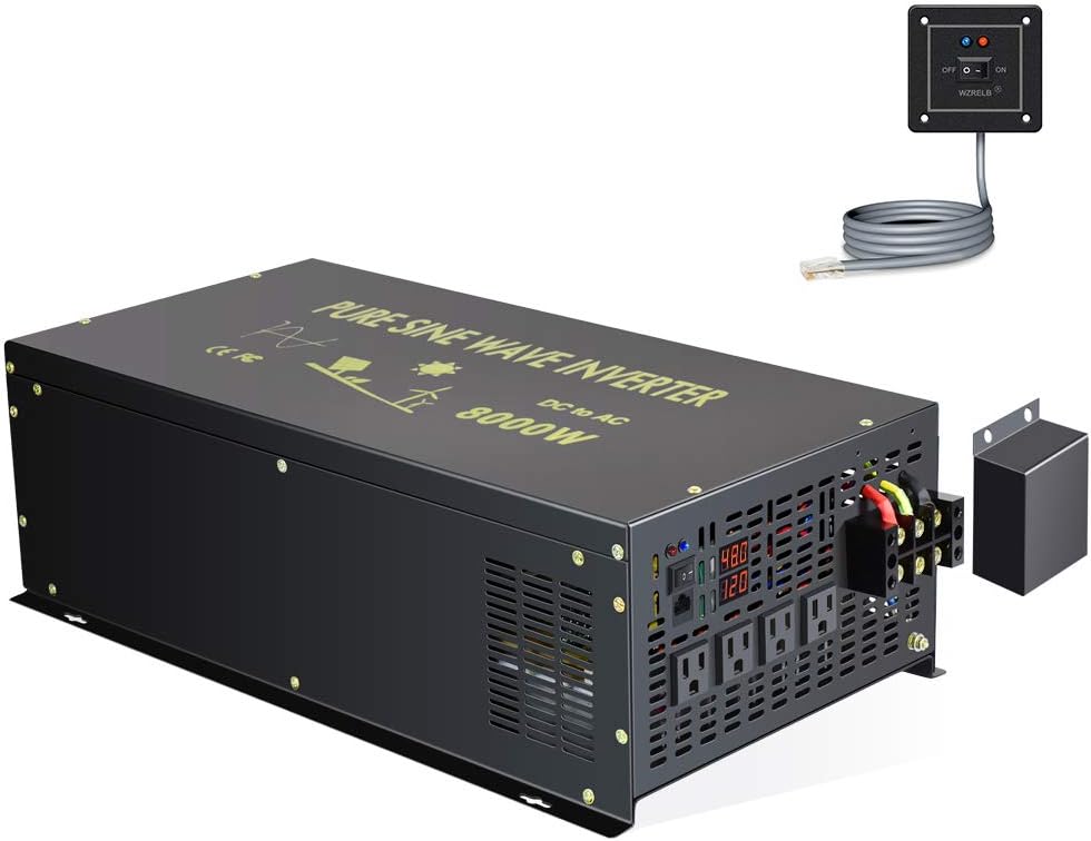Reliable 8000W Continuous Power Heavy Duty Pure Sine Wave Power Inverter DC 48V to AC 120V with 4 AC Outlets Remote Control 66A Hardwire Terminal and