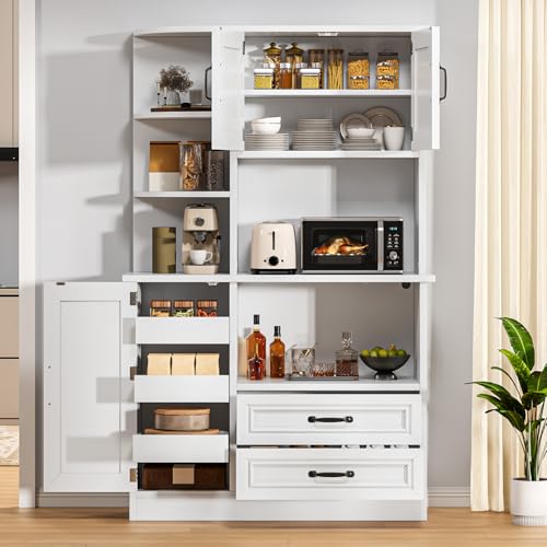 DWVO Kitchen Pantry Storage Cabinet, 64" H Kitchen Hutch Cabinet with Power Outlet, Sliding Racks with Door