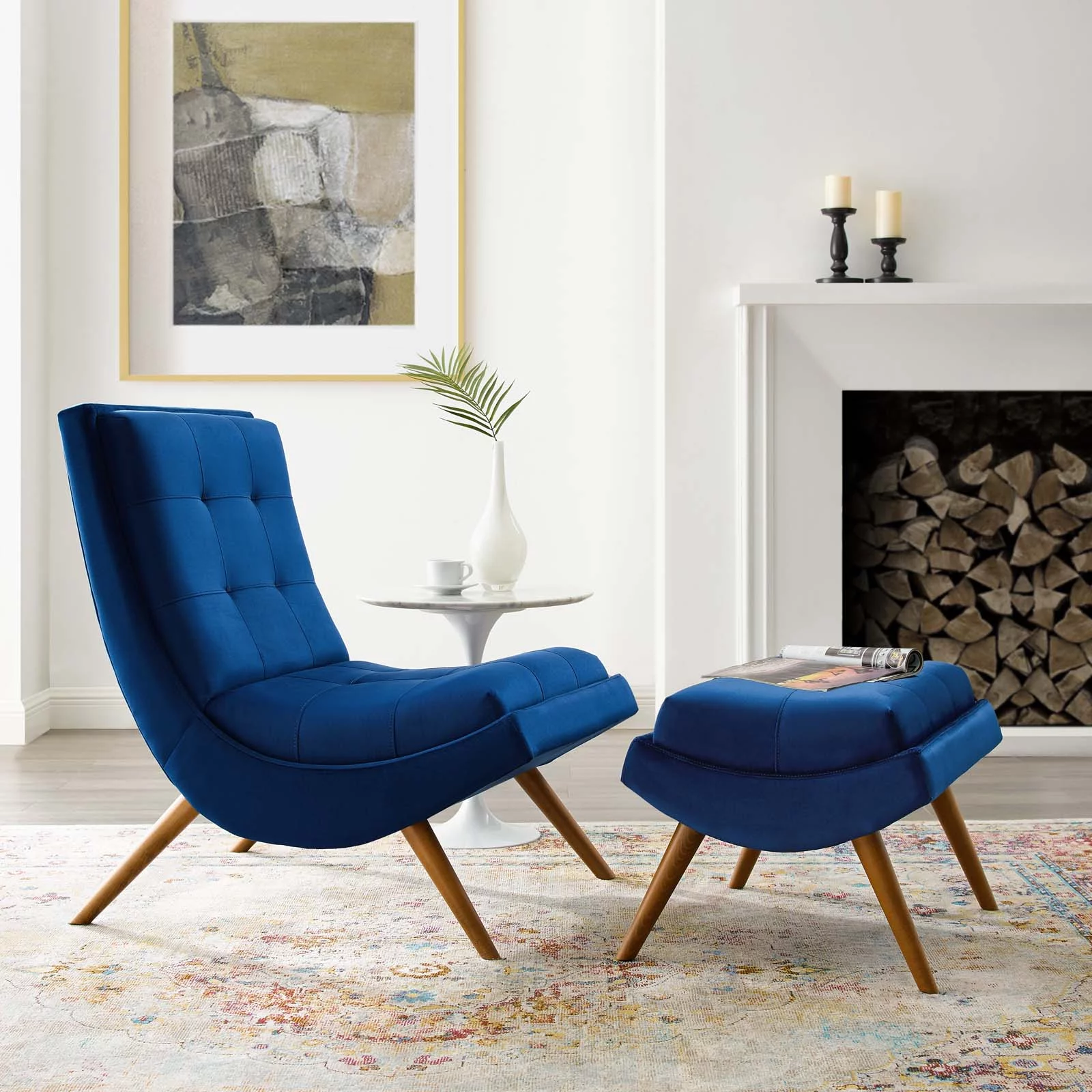 Modway Ramp Upholstered Performance Velvet Lounge Chair and Ottoman Set in Navy