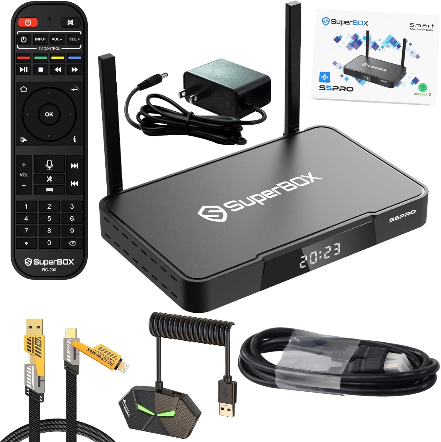 2024 Newest Super S-5 Bundle Box P ro,with Voice Remote,4GB RAM+32GB ROM,Hub*1,4 in 1 Data Cable*1,Dual Band WiFi,2T2R,Quad-Core,6K HDMI