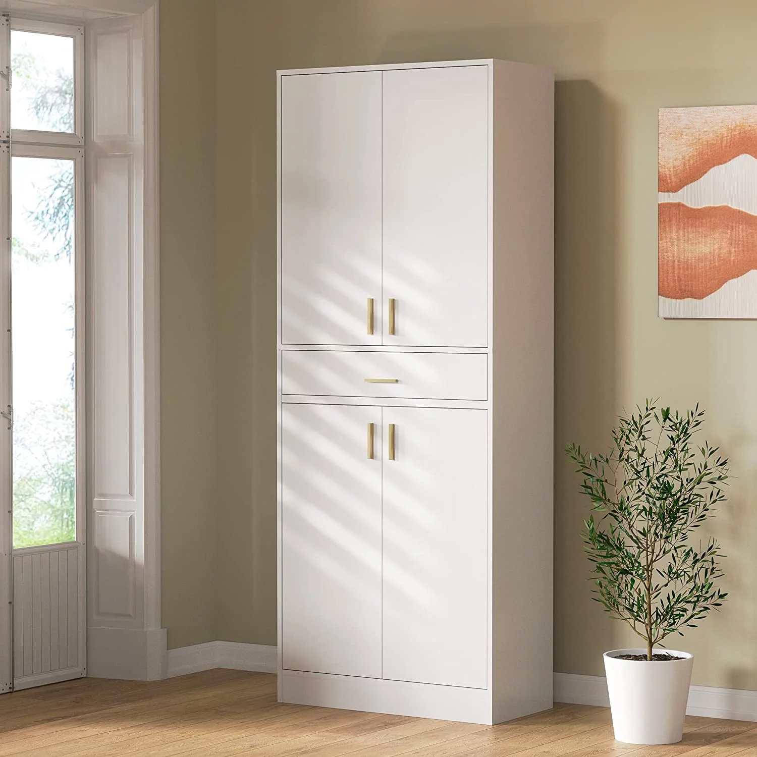 Cozy Castle White Kitchen Pantry, 70" Freestanding Storage Cabinet with Doors and Adjustable Shelves, Pantry Cabinet for Kitchen, Bathroom or Hallway