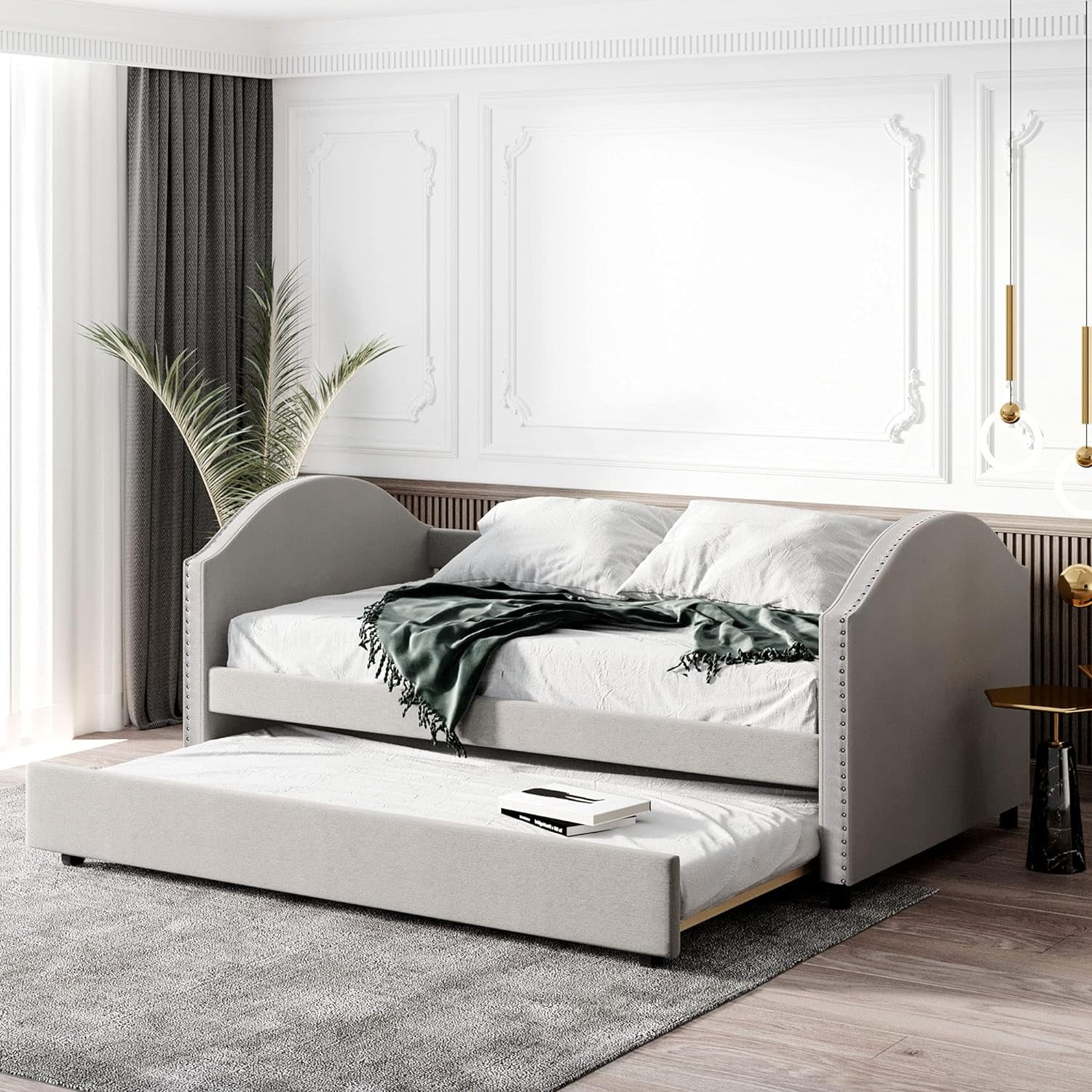 Upholstered  Daybed With Size Trundle, Full Size Sofa Bed With Rivets Décor, Wood Slat Support Daybed For Family, Kids, Teens, No Box Spring Needed