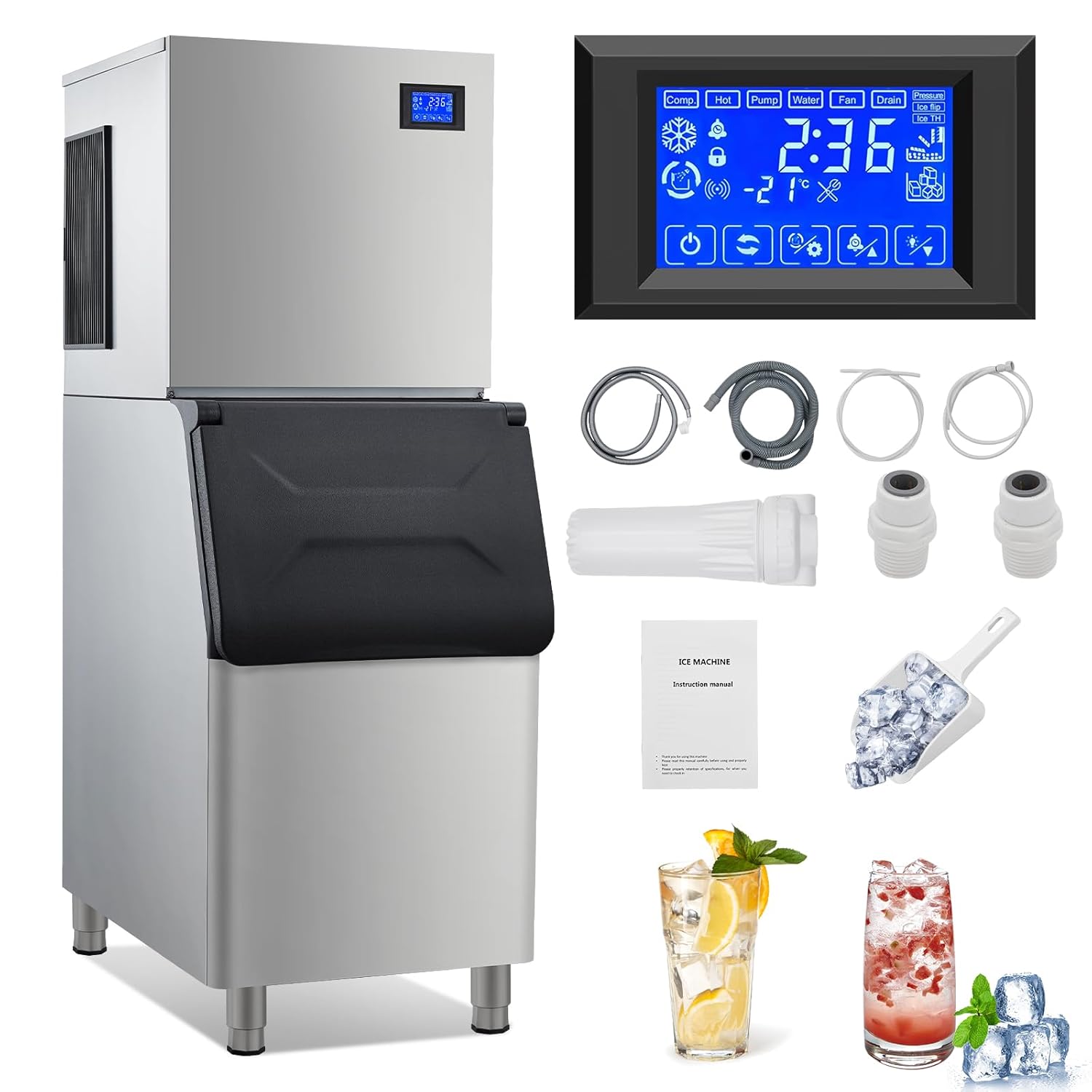 Commercial Ice Maker 350Lbs/24H, 1000W Stainless Steel Ice Machine with 310Lbs Ice Storage Bin, Free-Standing Ice Maker with LCD Panel Auto Operation