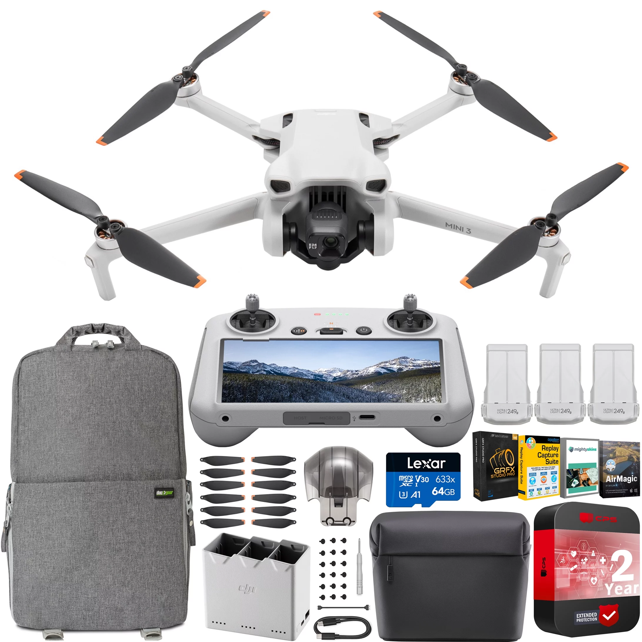 DJI Mini 3 Camera Drone Quadcopter + RC-N1 Controller (No Screen) + Fly More Kit, 4K Video, 38min Flight Time, True Vertical Shooting