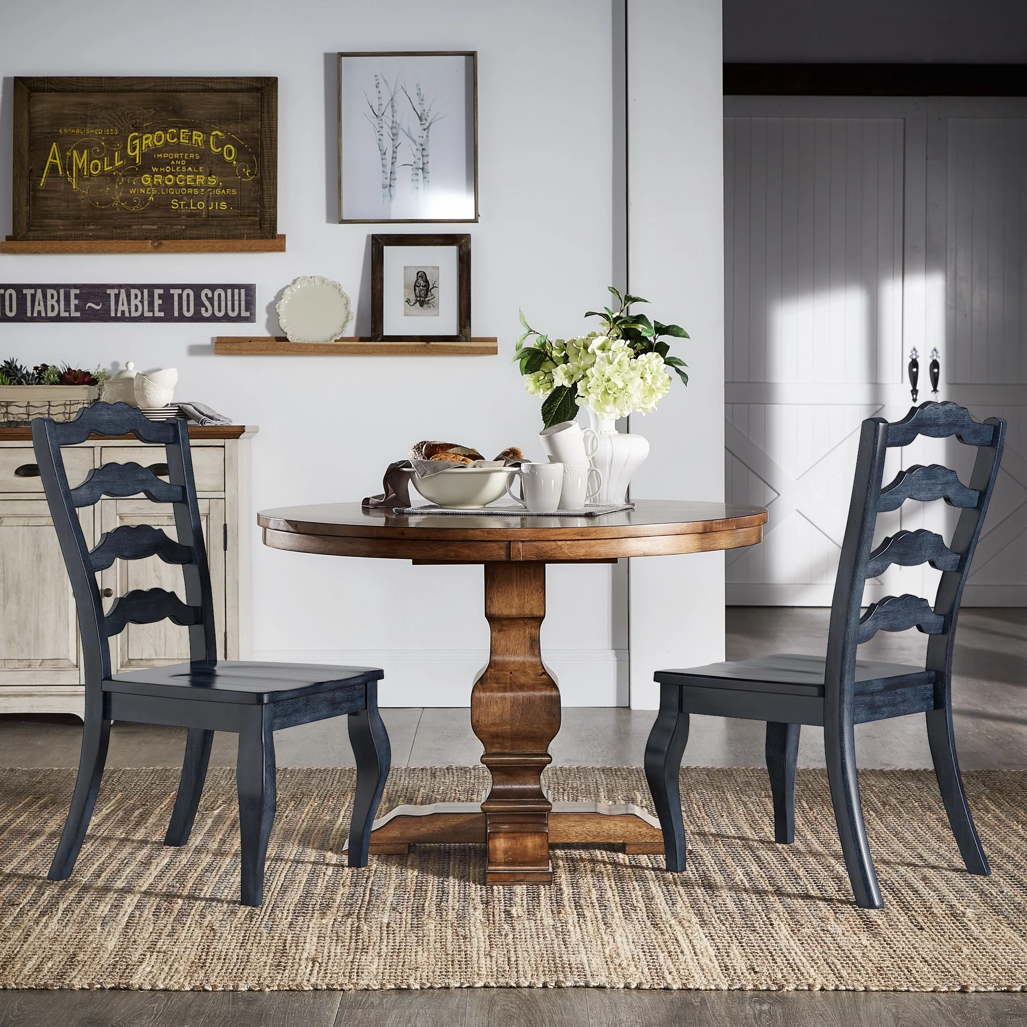 Weston Home Farmhouse French Ladder Back Wood Dining Chairs, Set of 2, Antique Dark Denim Blue