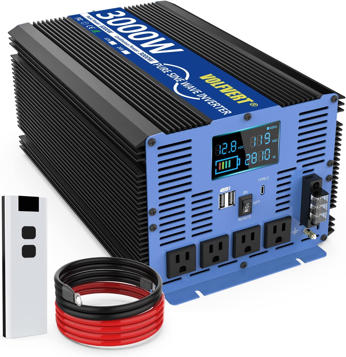 4000W Pure Sine Wave Power Inverters DC 12V to AC 110V 120V with Type-C Port 4 AC Outlets Dual USB Ports AC Terminal Blocks LCD Display Wireless