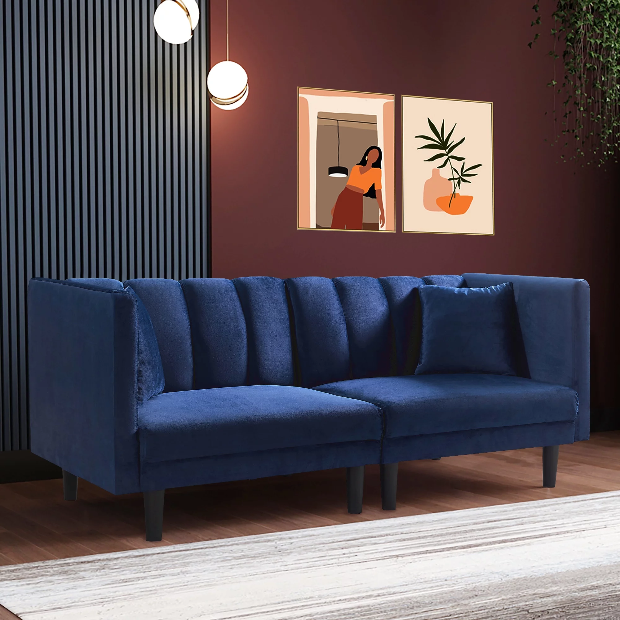 BSHTI 70 inch Futon Sofa Bed, 2 Pillows and Perfect Artificial Cushion Velvet Futon Sofa(Navy Blue)