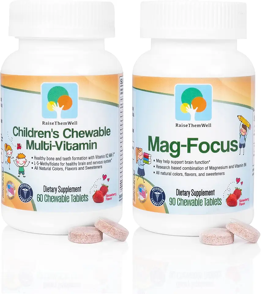 Mag Focus | Maganesium Citrate & B-6 for Kids| Natural Strawberry Flavored Magnesium Focus Supplements and Great Tasting Chewable Multivitamin for
