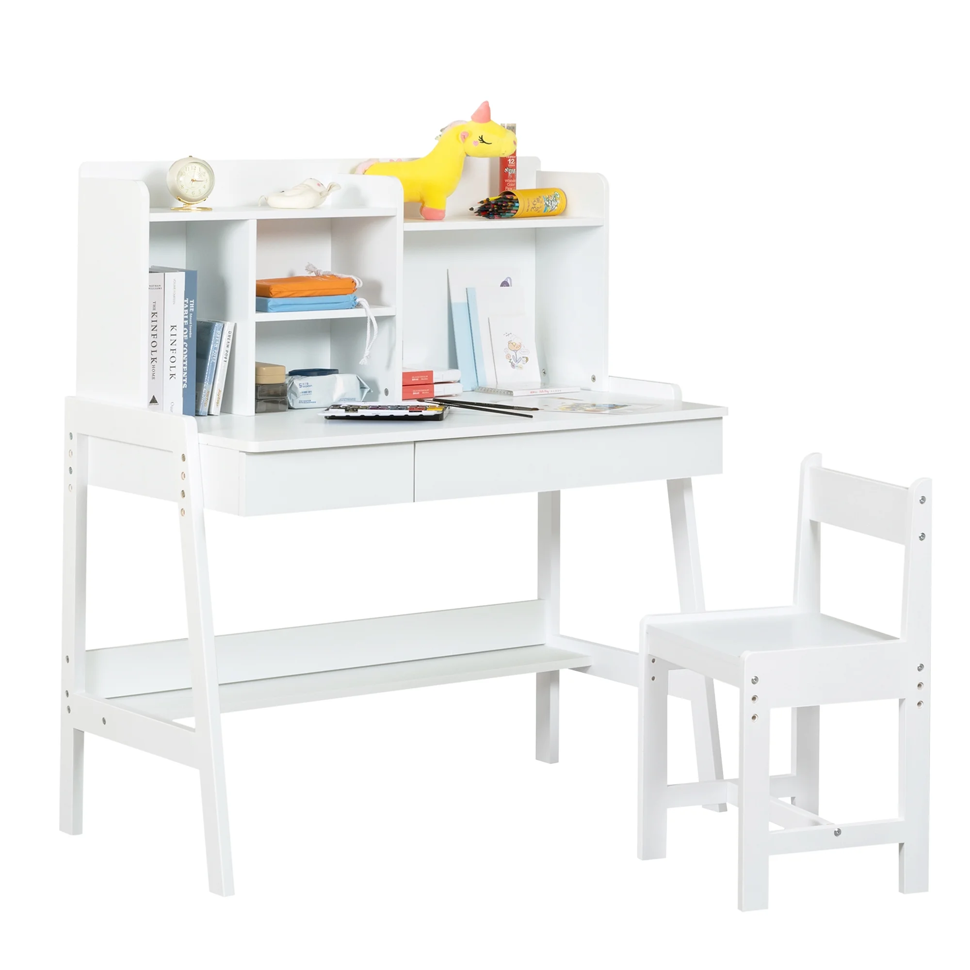 Kids Desk and Chair Set, White Wooden Study Desk for Kids with Drawers