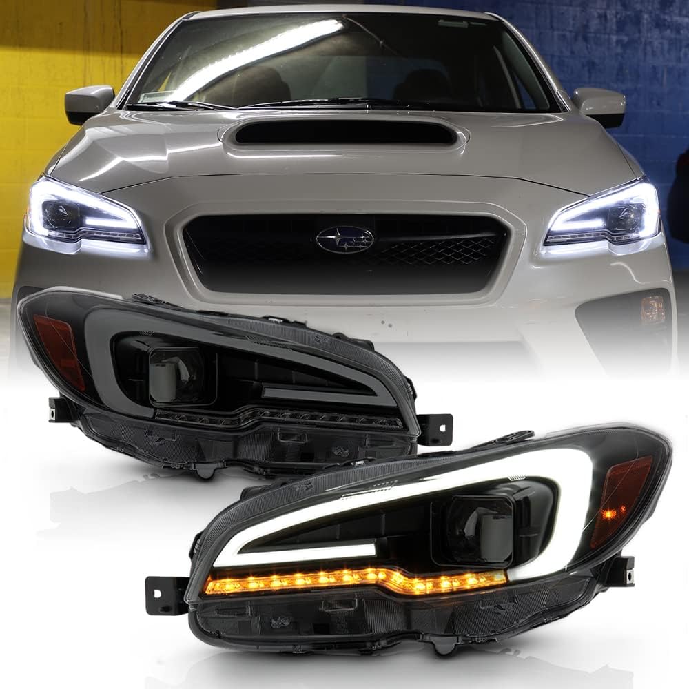 ACANII - For [Halogen Model] 2015-2019 Subaru WRX STI Black Housing Smoked Lens LED Tube Sequential Projector Headlights